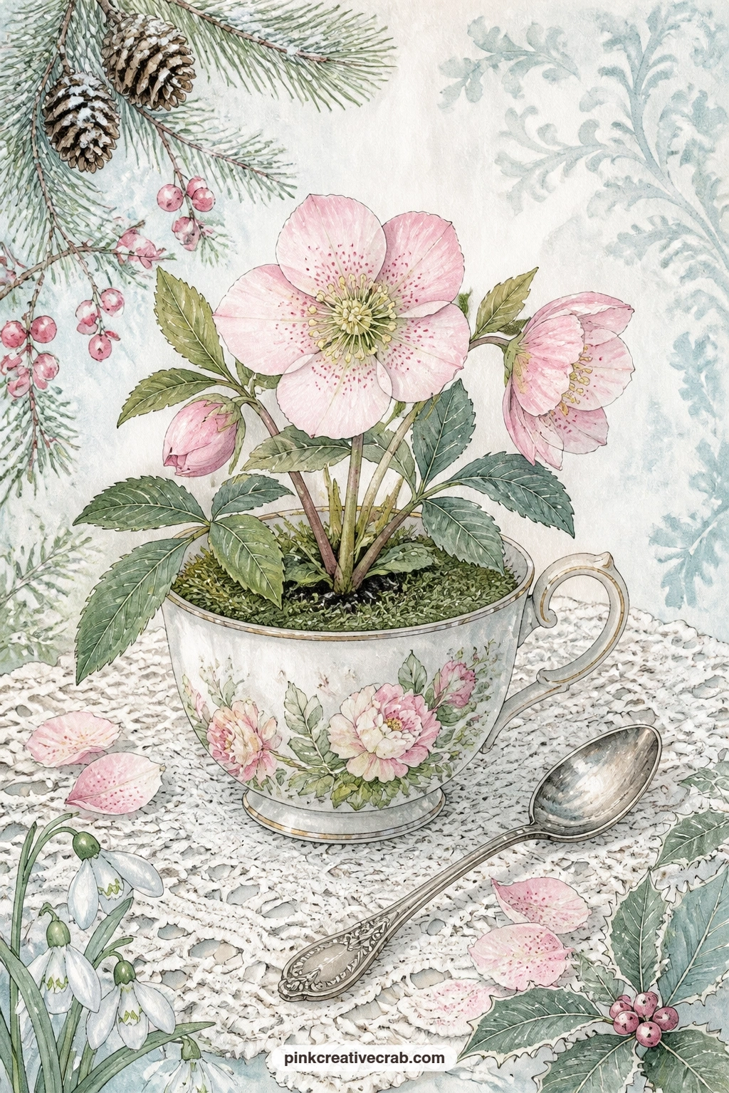 Christmas Rose In The Teacup Planter printable page — Try tea-staining just the outer inch of this page before gluing it in; the lace runner under the teacup