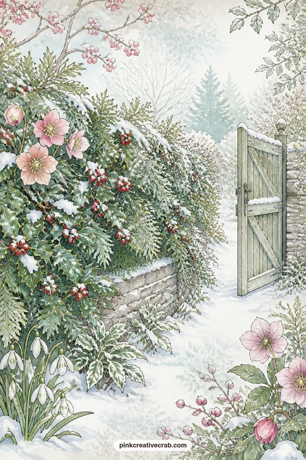 Snowy Hedge At The Garden Gate printable page — A snowy evergreen hedge runs the length of the garden wall, holly berries bright against the dark green, a