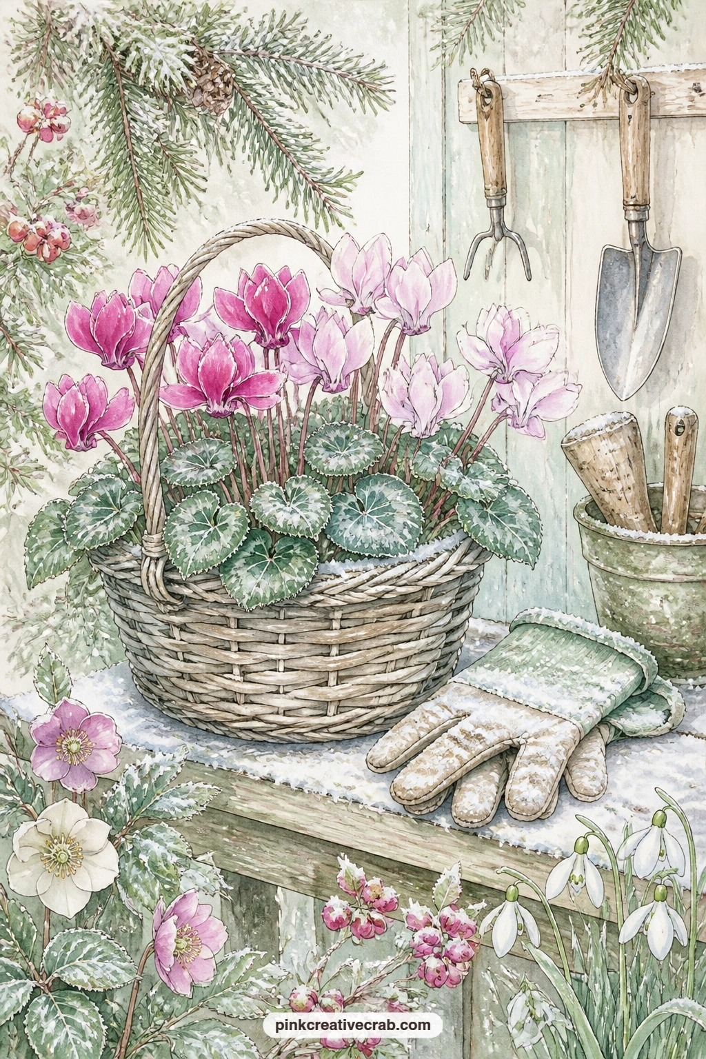 Cyclamen On The Shed Shelf printable page — Give this page to the reader who keeps a potting shed instead of a studio: a basket of cyclamen sits on a frosty