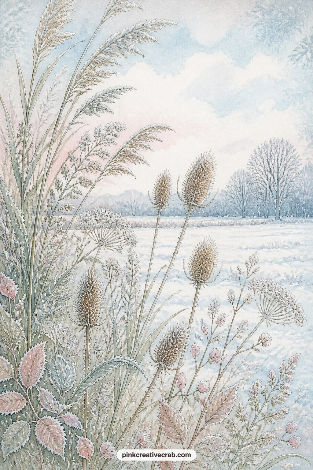 Frosted Seed Heads Along The Field Edge printable page — Frosted seed heads of grasses and teasels line a snowy field edge, standing stiff and silver against a
