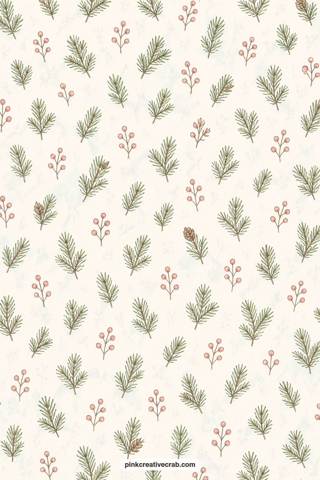 Pine Sprigs On Cream Pattern printable page — This cream background with scattered pine sprigs and red berries works well under a photograph of a winter walk