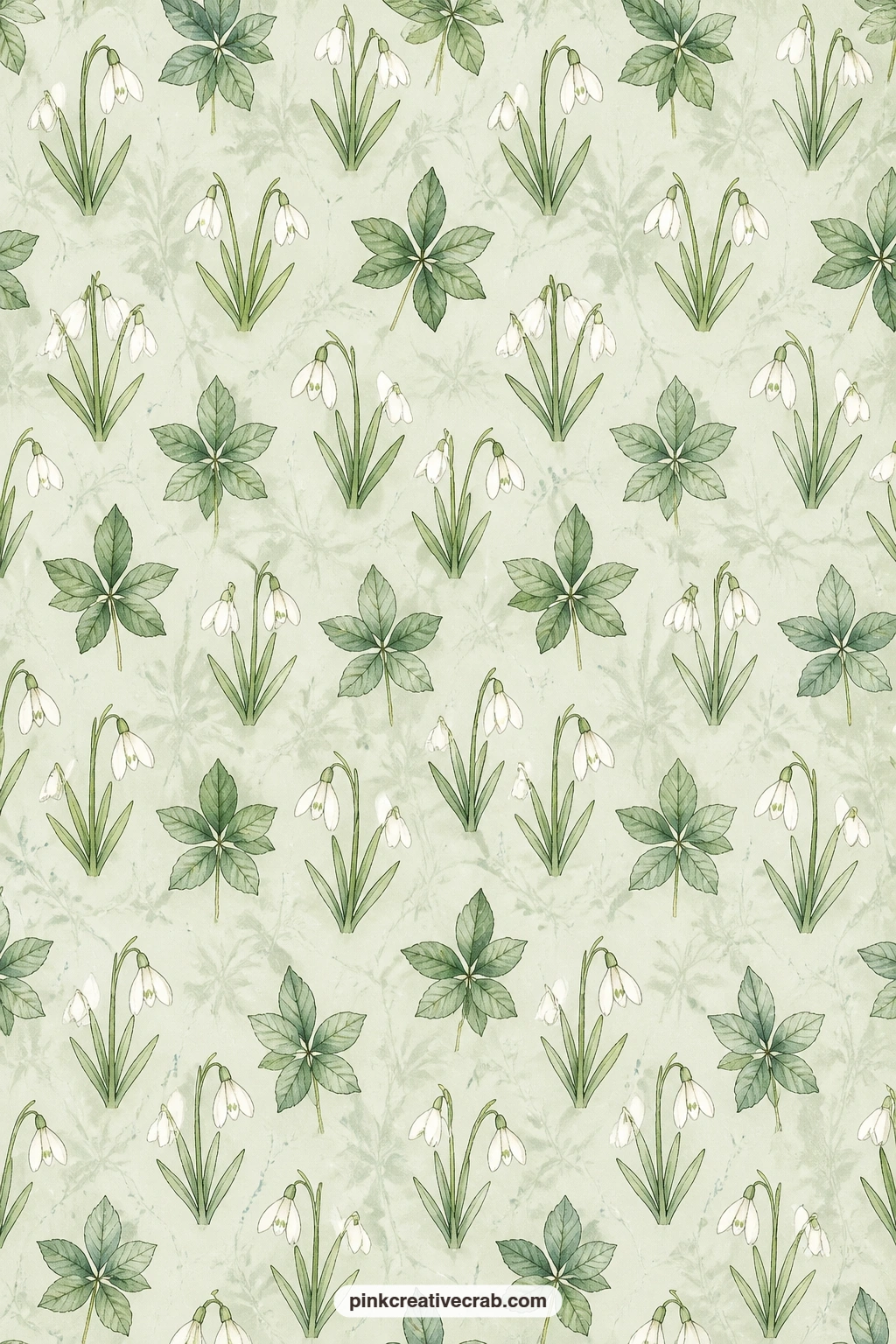 Snowdrops And Hellebore Leaves On Sage printable page — Use this sage pattern of tiny snowdrops and hellebore leaves behind the amaryllis scene for a matching