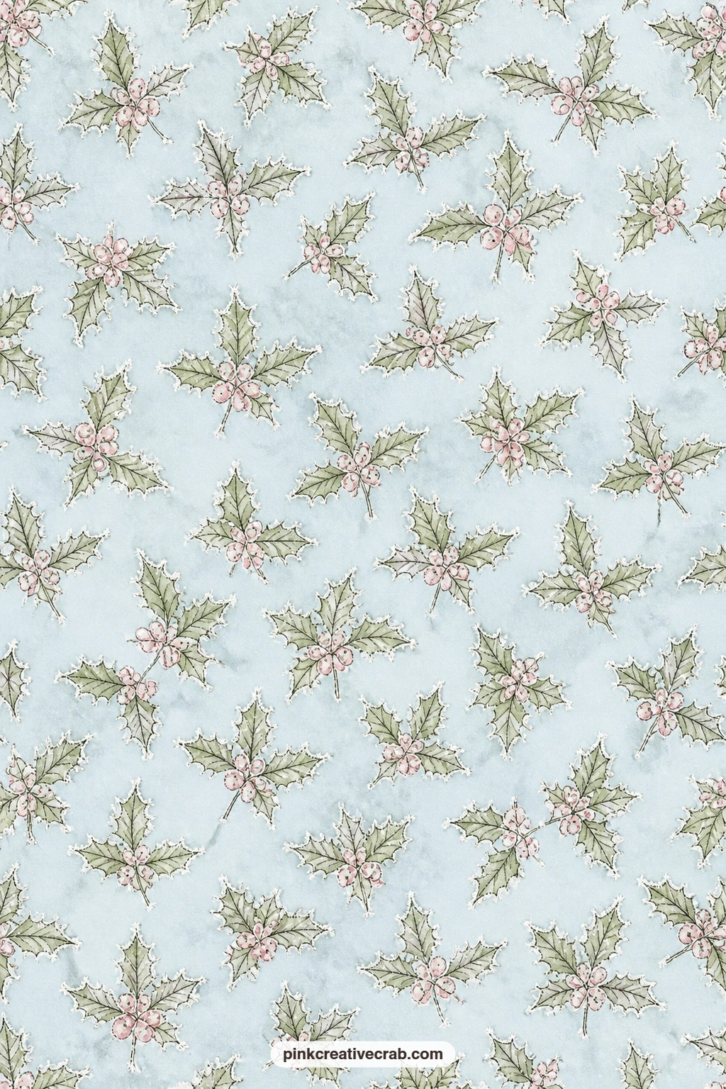 Frosted Holly On Pale Blue printable page — Frosted holly leaves repeat across this pale blue pattern, suited to lining a pocket behind the mistletoe page