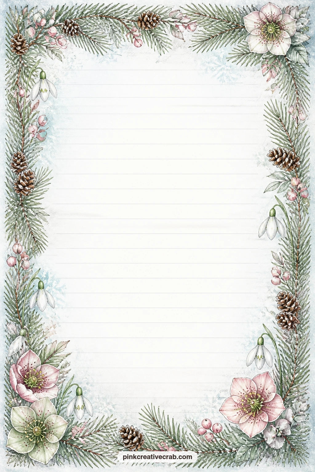 Pine Bough Frame Lined Page printable page — A pine bough and pinecone frame runs around the edge of this page, leaving the ruled lines free for a gift list, a