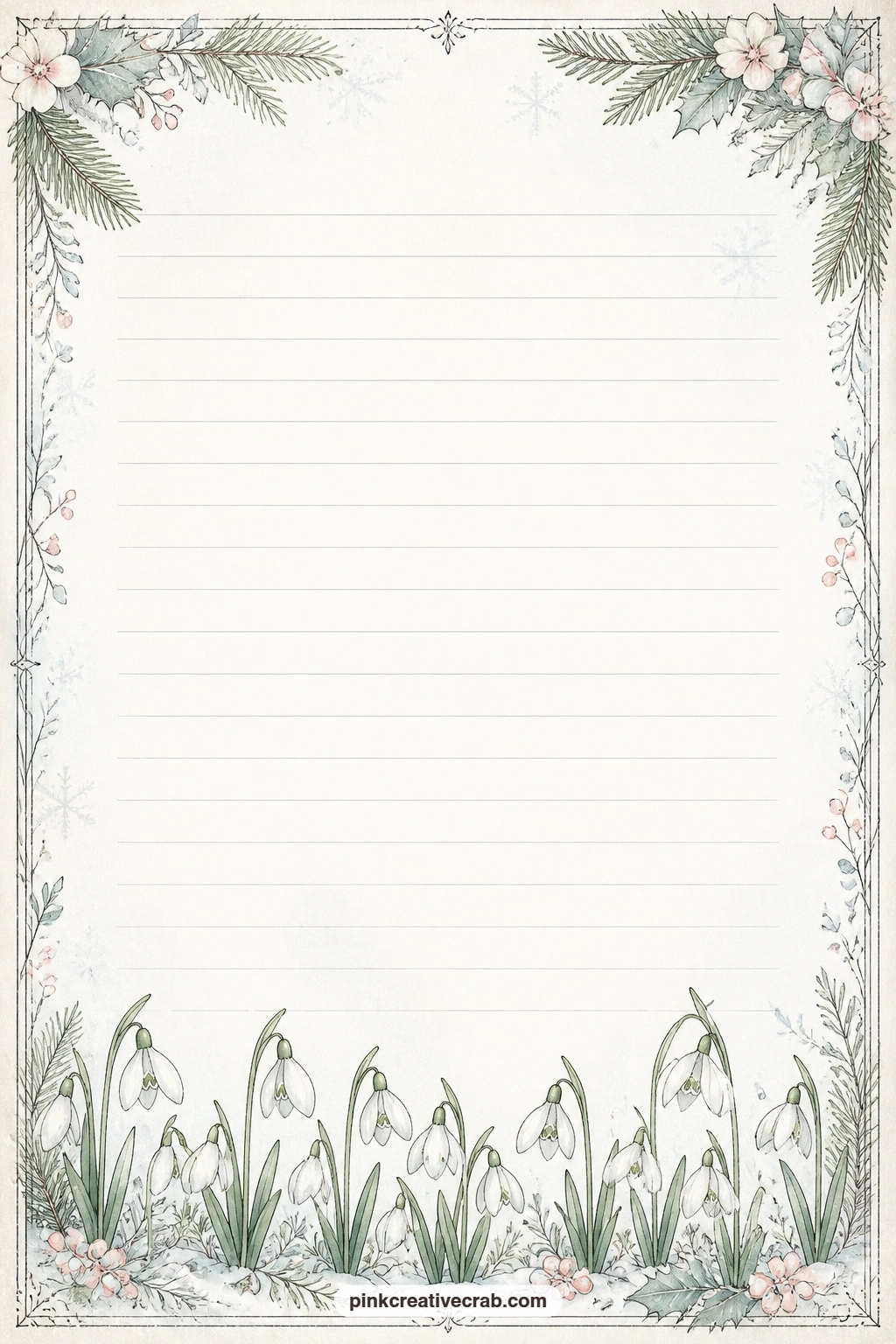 Snowdrops Along The Bottom Lined Page printable page — Snowdrops run in a loose row along the bottom edge here, well suited to a list of seeds to plant, a note