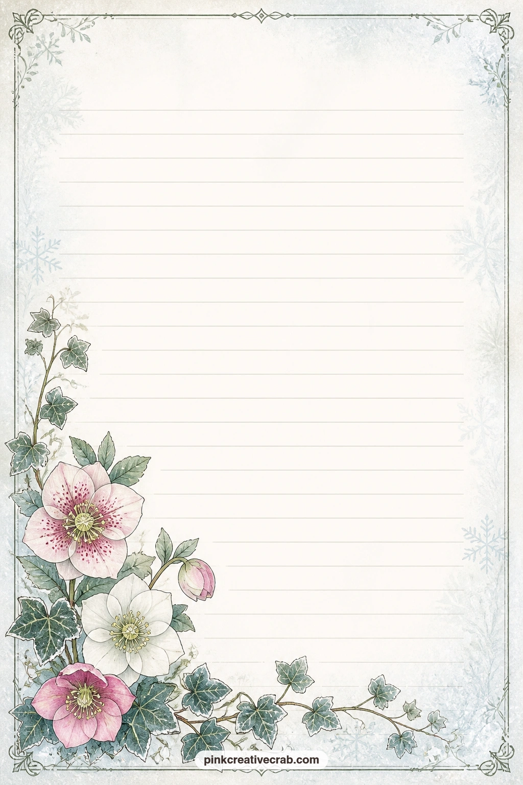 Hellebore Corner Lined Page printable page — Hellebore flowers and ivy twist together in one corner of this page, leaving room for a garden journal entry, a