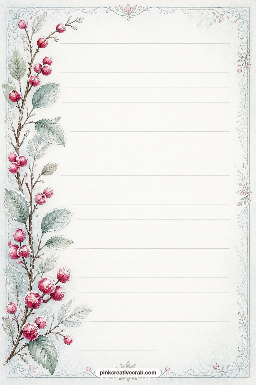 Frosted Winterberry Border Lined Page printable page — A frosted winterberry branch borders one side of this page, ready for a holiday card list, a recipe