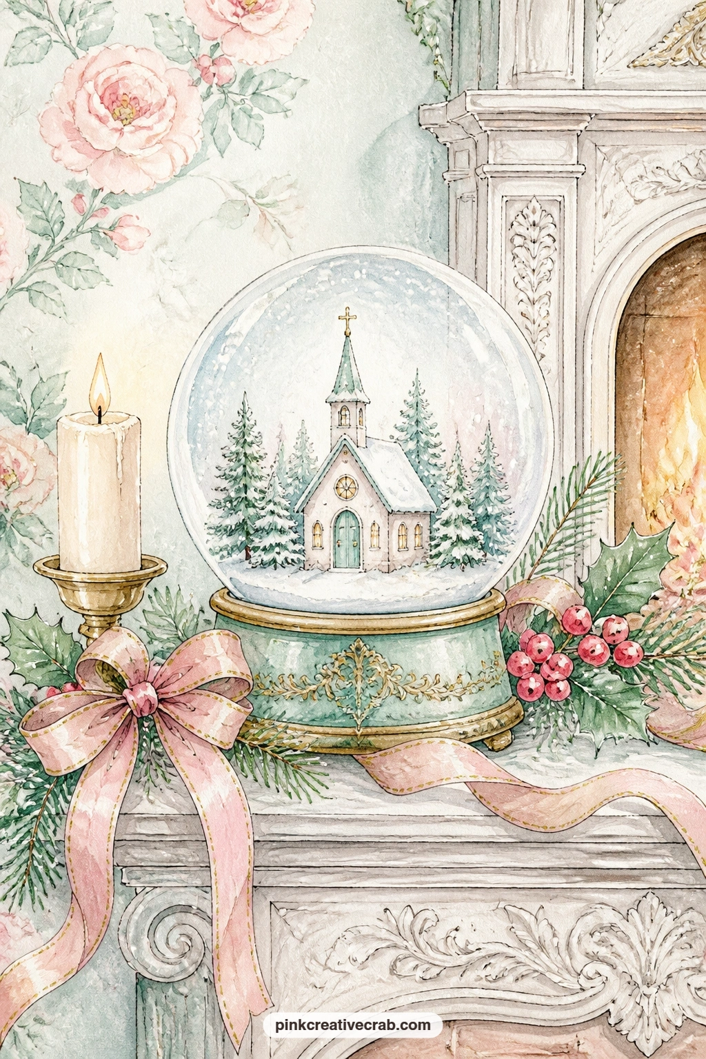 Chapel Snow Globe On A Mantel printable page — A snow globe holding a tiny chapel and a stand of pines sits on a mantel lined with holly sprigs, the whole