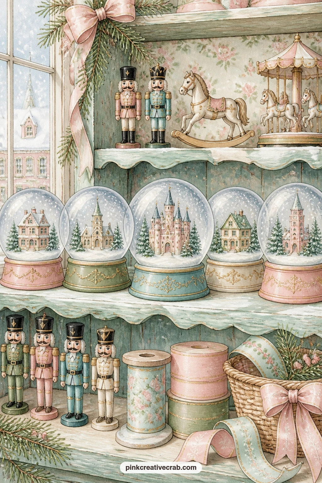 Toy Shop Shelf Of Globes printable page — Picture a row of snow globes lined up on a toy shop shelf, tin soldiers standing guard on one side and spools of