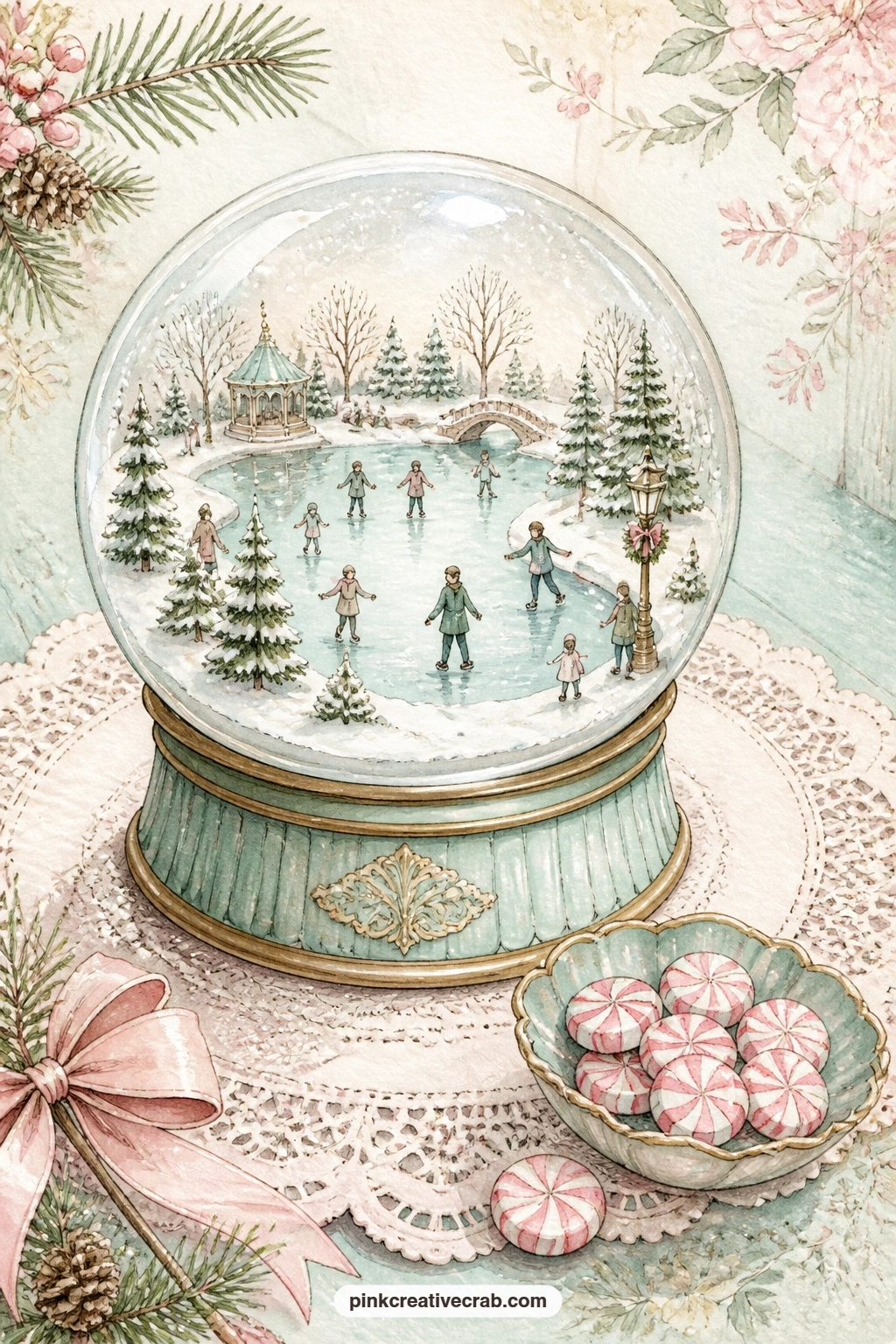Skating Pond Globe On A Doily printable page — A snow globe filled with a skating pond scene rests on a lace doily, a small dish of peppermints beside it, all