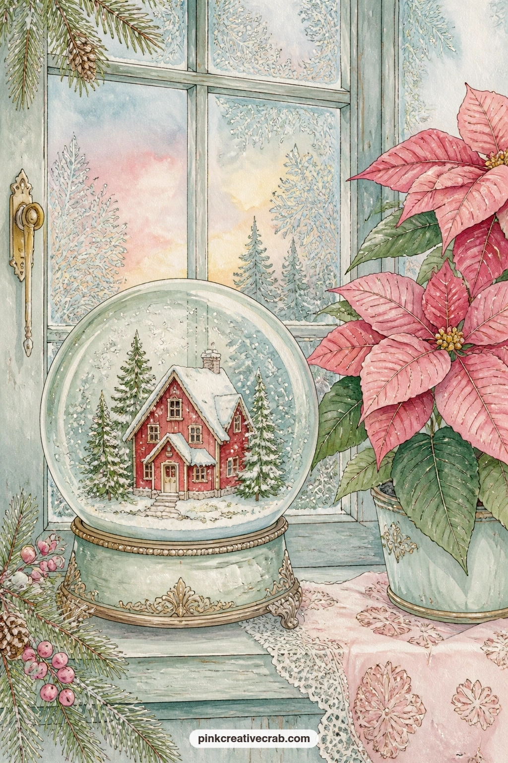 Red Cottage Globe In A Window printable page — Try tea-staining just the bottom corner of this page before gluing it in: the faint warm edge reads like old