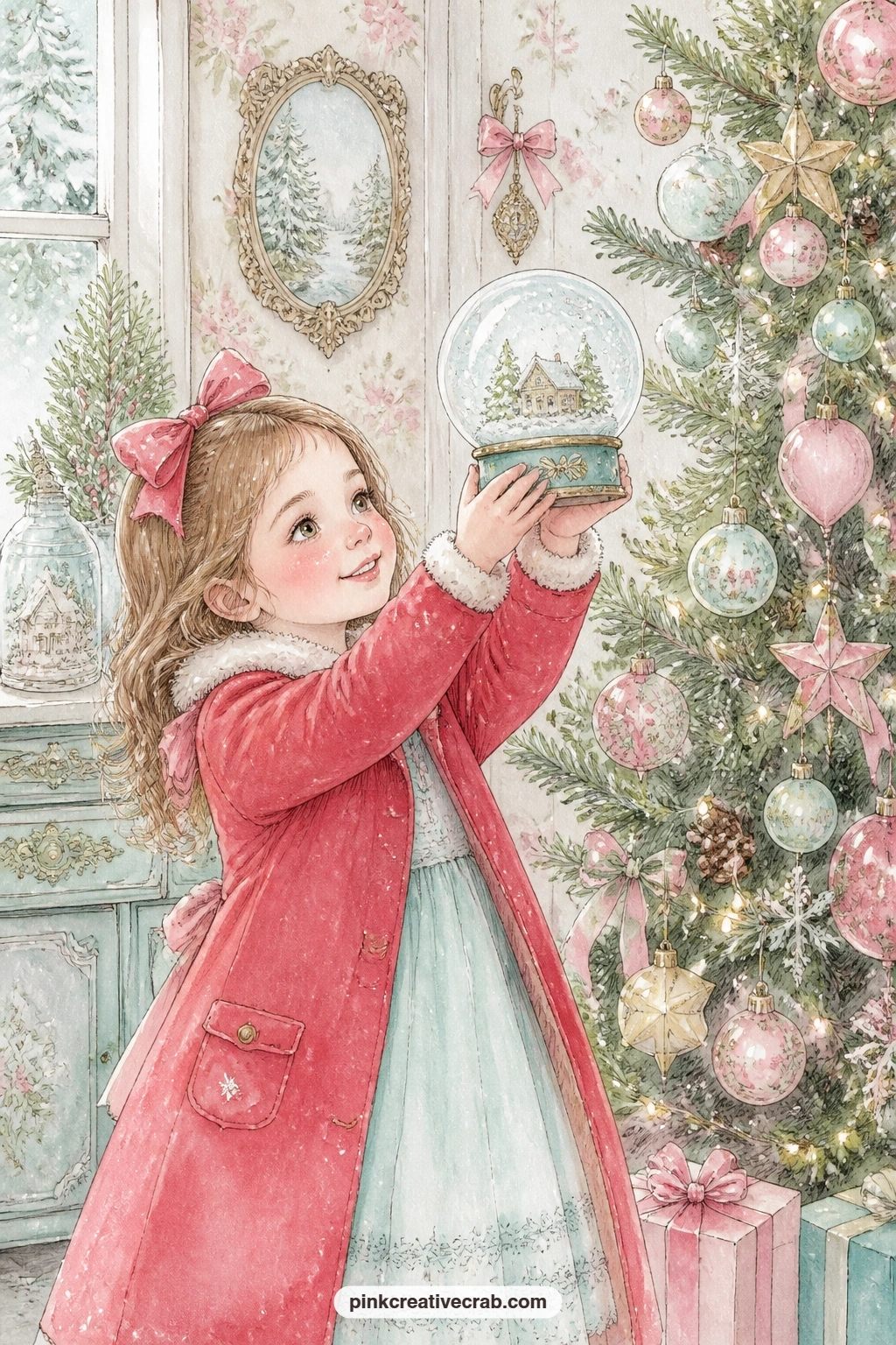 Girl Shaking A Snow Globe printable page — A little girl in a red coat shakes a snow globe beside a decorated tree, her breath nearly visible in the painted