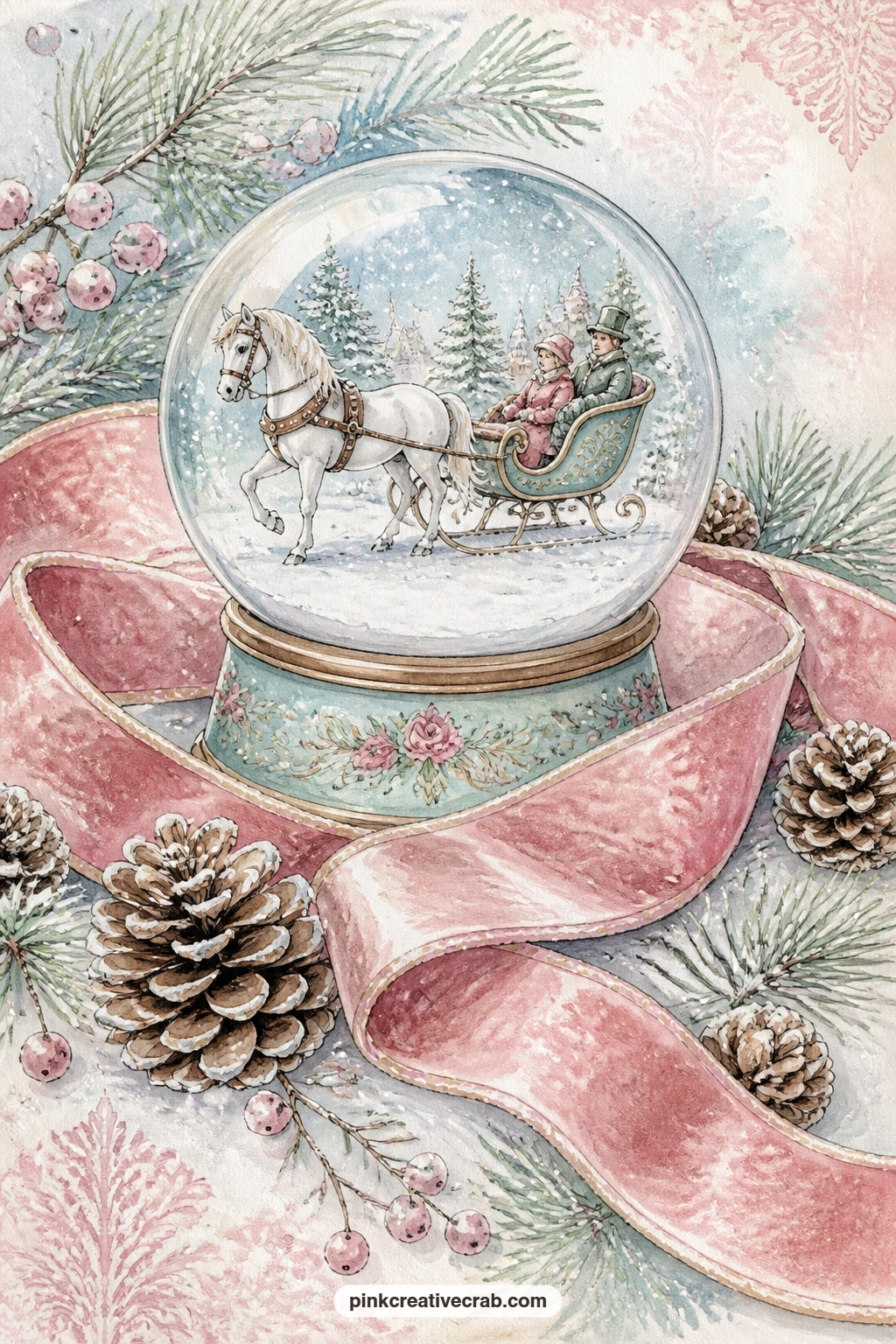 Sleigh Globe On Velvet Ribbon printable page — The usual mistake with a page like this one is gluing it flat all the way round, which flattens the velvet