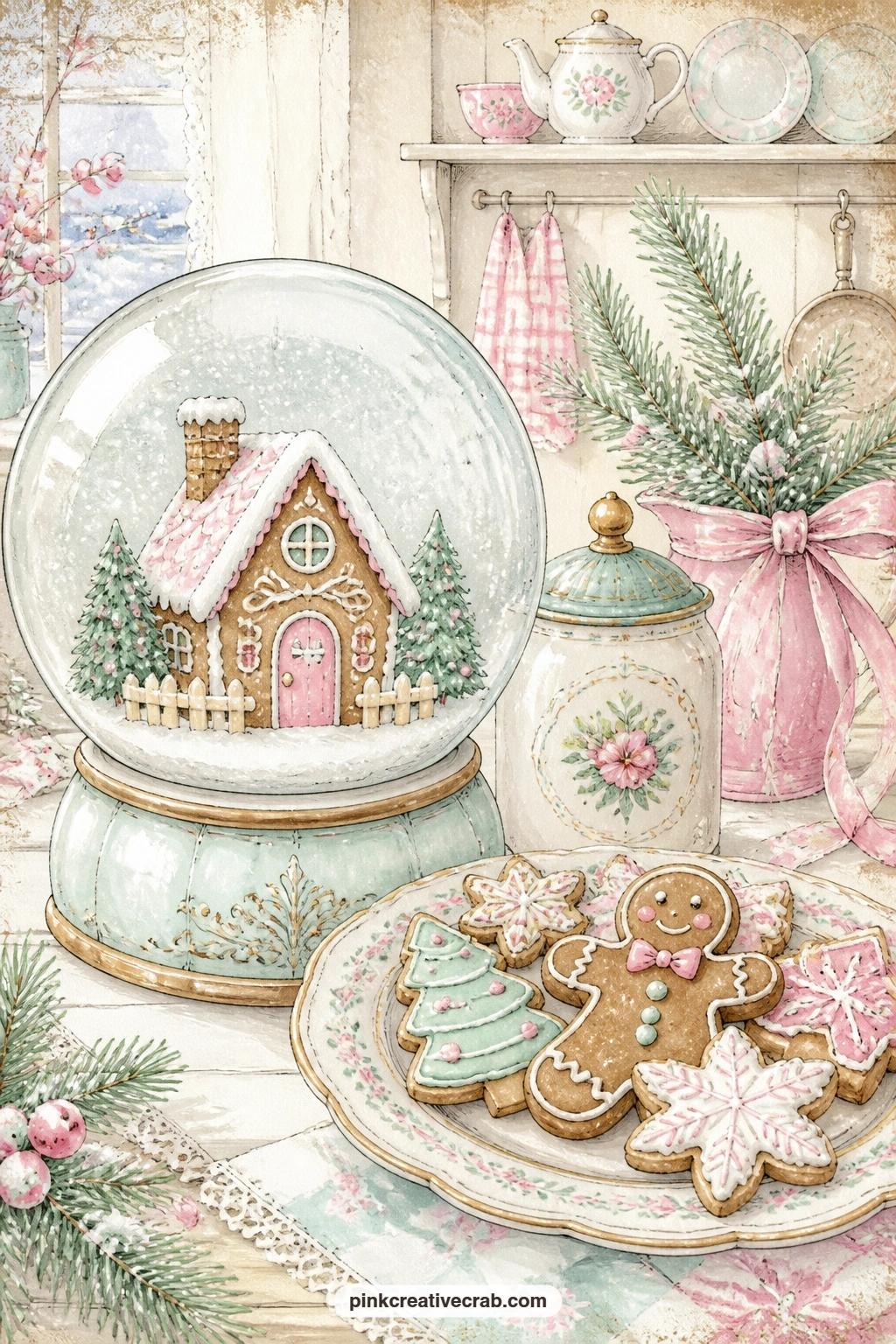 Gingerbread House Globe And Cookies printable page — A snow globe with a tiny gingerbread house sits beside a plate of iced cookies, the whole arrangement