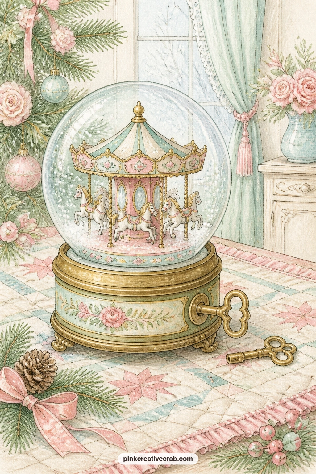 Carousel Music Box Globe printable page — Pair this page with the toy shop shelf earlier in the kit: the brass carousel globe reads like one piece carried home