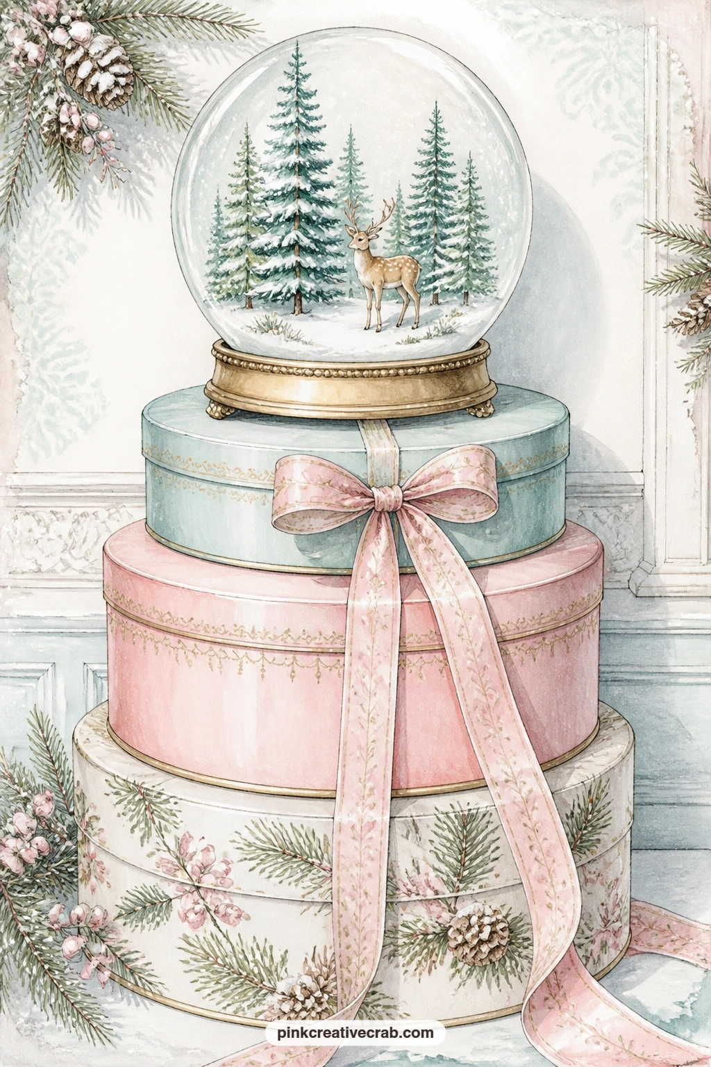 Pine Forest Globe On Hatboxes printable page — A snow globe holding a pine forest and a small deer rests on a stack of vintage hatboxes, their ribbon ties and