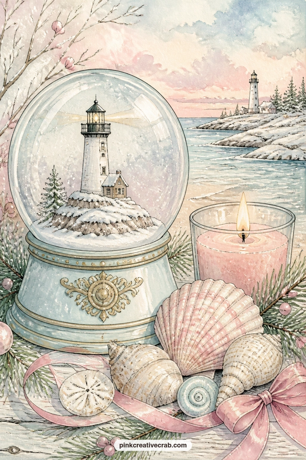 Lighthouse Globe With Seashells printable page — A snow globe shows a lighthouse standing over snowy rocks, with seashells and a lit candle arranged nearby
