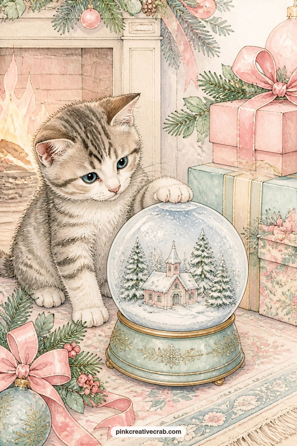 Kitten Pawing At A Globe printable page — A kitten paws at a snow globe resting on a hearth rug, wrapped gifts stacked nearby and firelight painted warm across