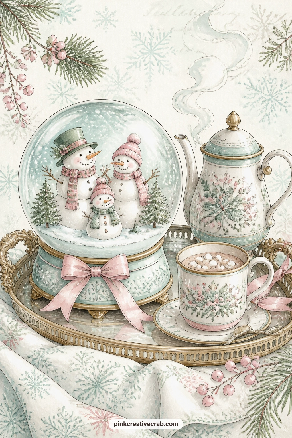Snowman Family Globe On A Tray printable page — A snow globe with a snowman family inside sits on a tea tray, a teapot and a cup of cocoa close by, the painted