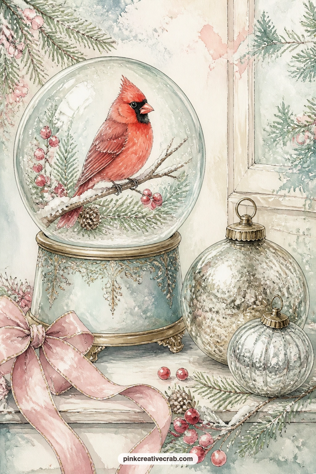 Cardinal Globe With Mercury Glass printable page — What would you ask the cardinal in this globe, if it could answer back about the view from its painted