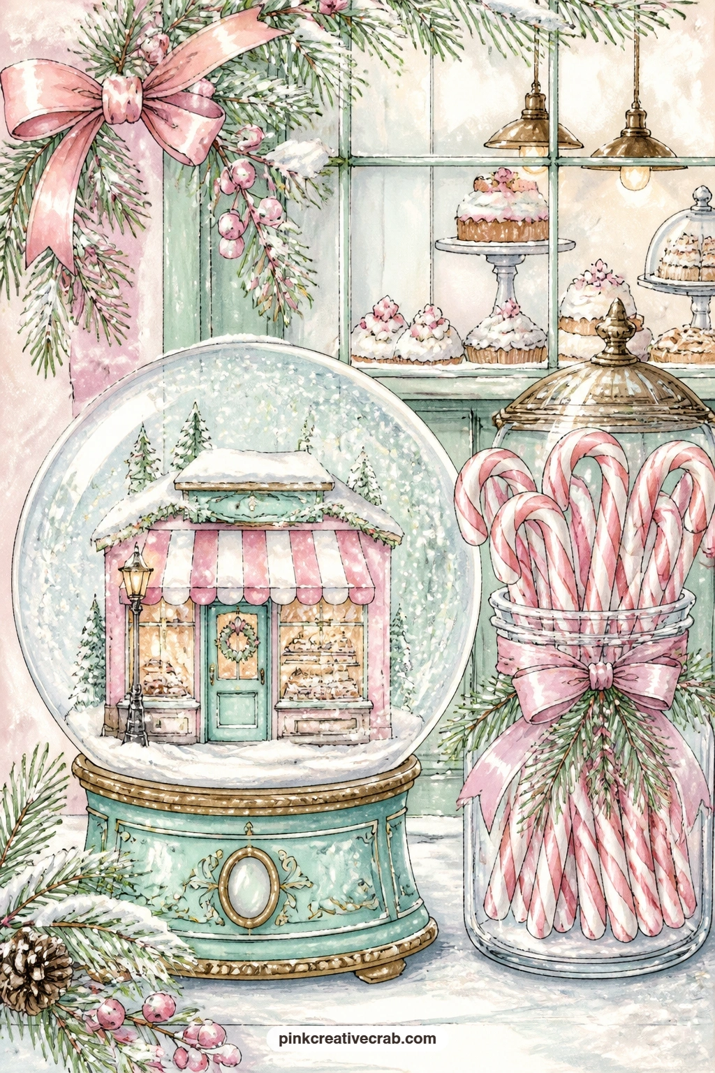 Bakery Globe With Candy Canes printable page — A snow globe with a tiny bakery and a striped awning sits beside a jar of candy canes, the painted shopfront and