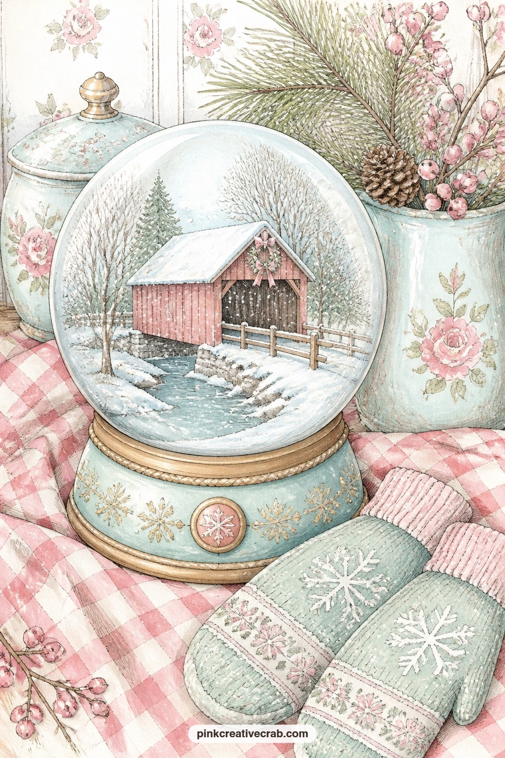 Covered Bridge Globe On Gingham printable page — A snow globe holding a covered bridge over a frozen creek rests on a gingham cloth, a pair of mittens tucked