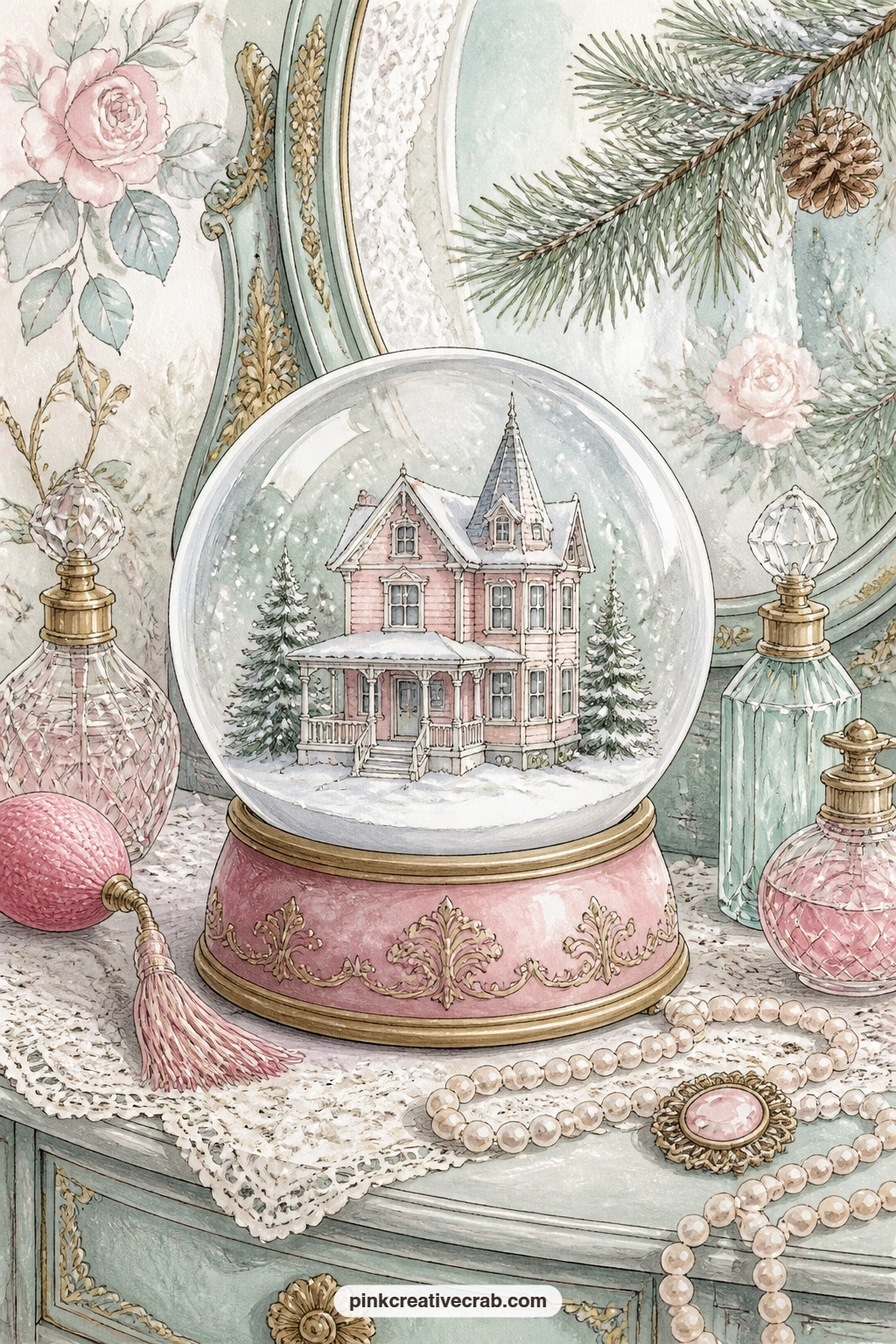 Pink Victorian House Globe On A Vanity printable page — A snow globe with a pink Victorian house inside sits on a vanity among perfume bottles and loose