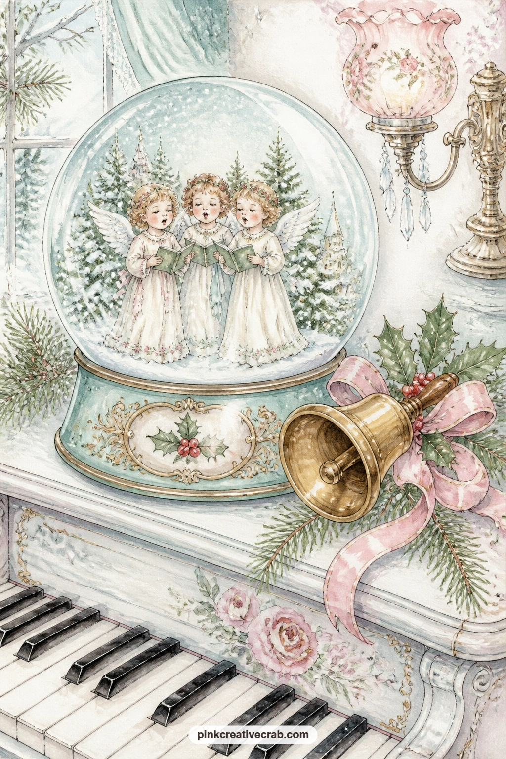 Caroling Angels Globe On A Piano printable page — A snow globe with tiny caroling angels sits on a piano top, a brass bell and a sprig of holly resting beside
