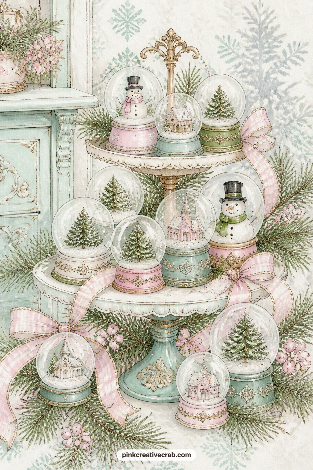 Cluster Of Mini Globes On A Cake Stand printable page — A cluster of mini snow globes crowds a tiered cake stand, ribbon and pine sprigs tucked between them