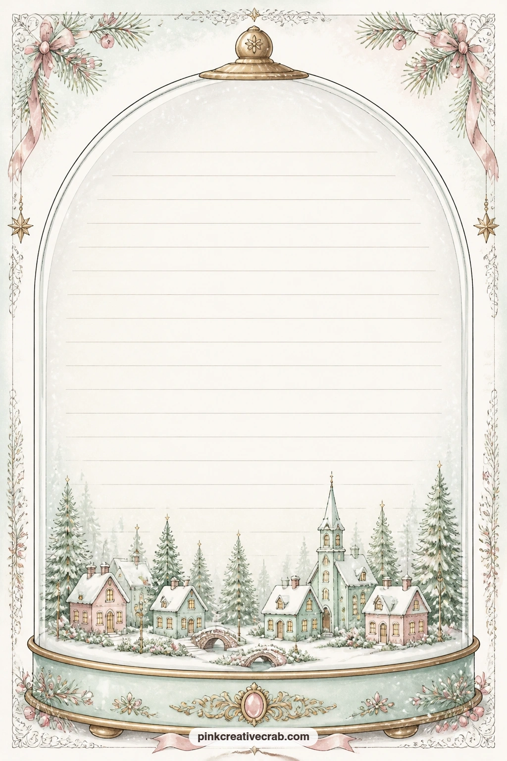 Globe Dome Village Lined Page printable page — Use this frame of a snow globe dome with a tiny village at its base for a Christmas gift list, a short letter to