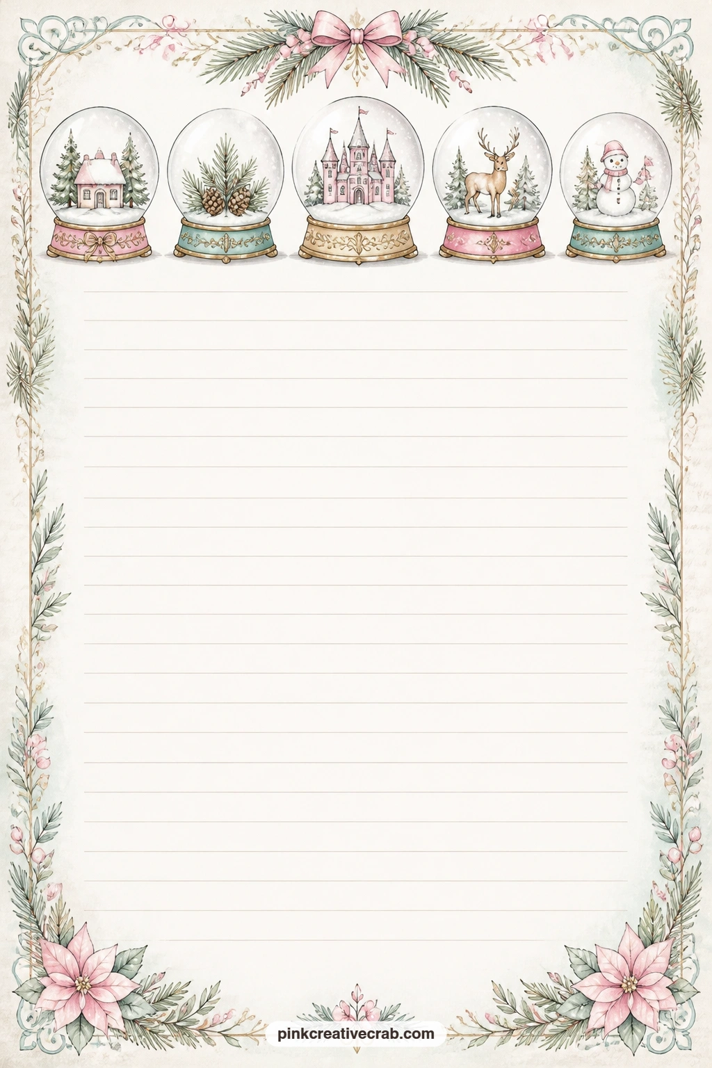 Row Of Mini Globes Lined Page printable page — This page suits a gift list, a short carol lyric copied out by hand, or a line or two about the shop where a