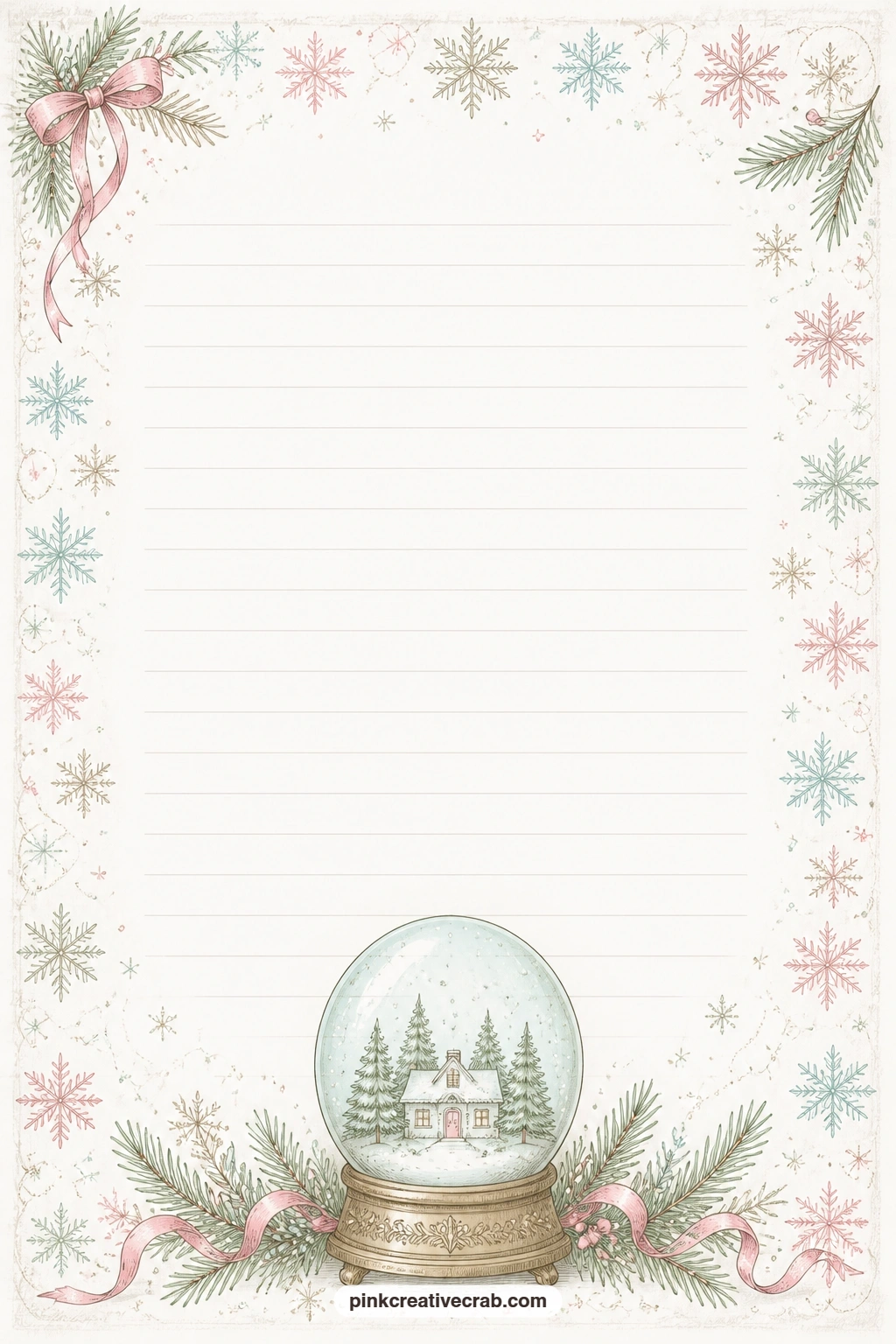 Snowflake Border Lined Page printable page — Jot down a recipe for cocoa, a wish list, or a note to tuck inside next year's stocking. Snow globe junk journal
