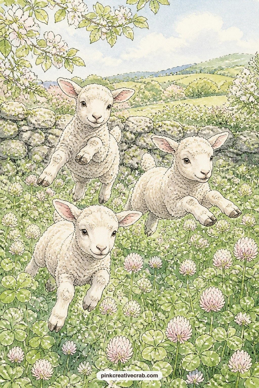 Lambs Leaping In Clover printable page — Three lambs spring across a low pasture while a stone wall runs along the back edge, under a wash of pale spring sky.
