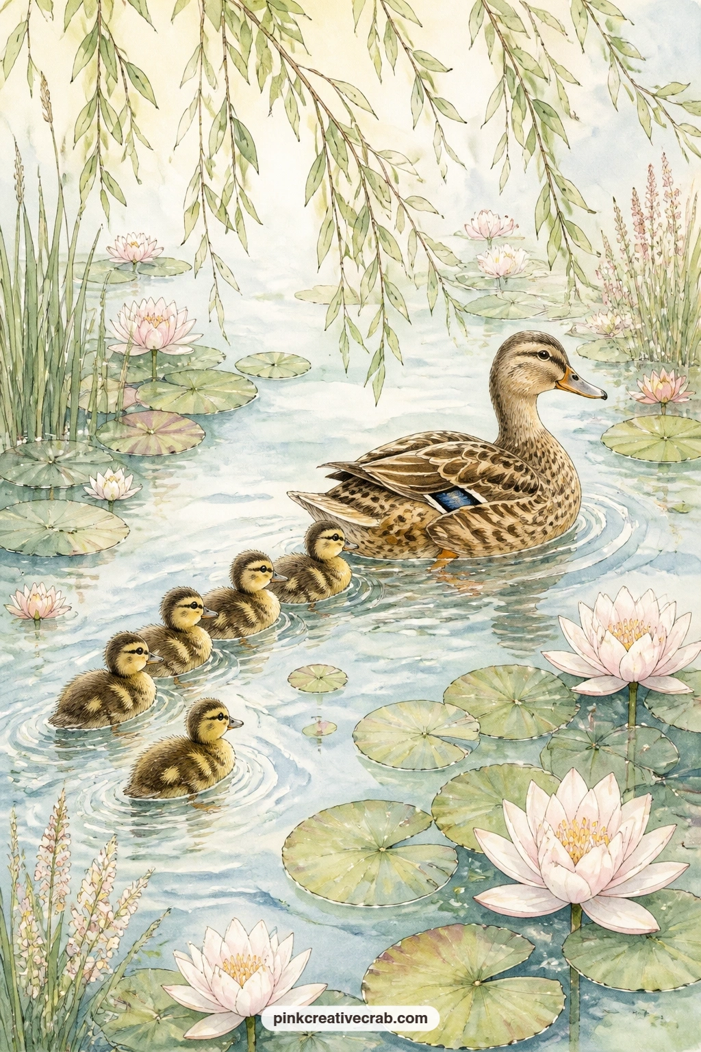Ducklings Following Their Mother printable page — Pair this page with the pale yellow puddles background from later in this set: trim its edge into a narrow