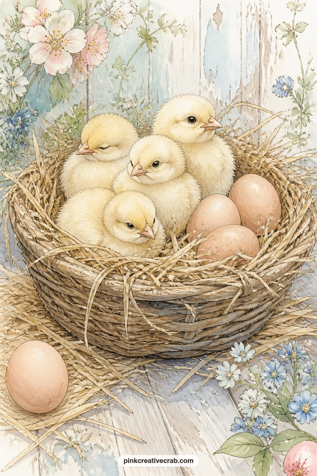 Chicks In A Straw Basket printable page — Try a tea-stained edge on this one: dab the border of the dry page with weak tea on a cotton pad before it goes into