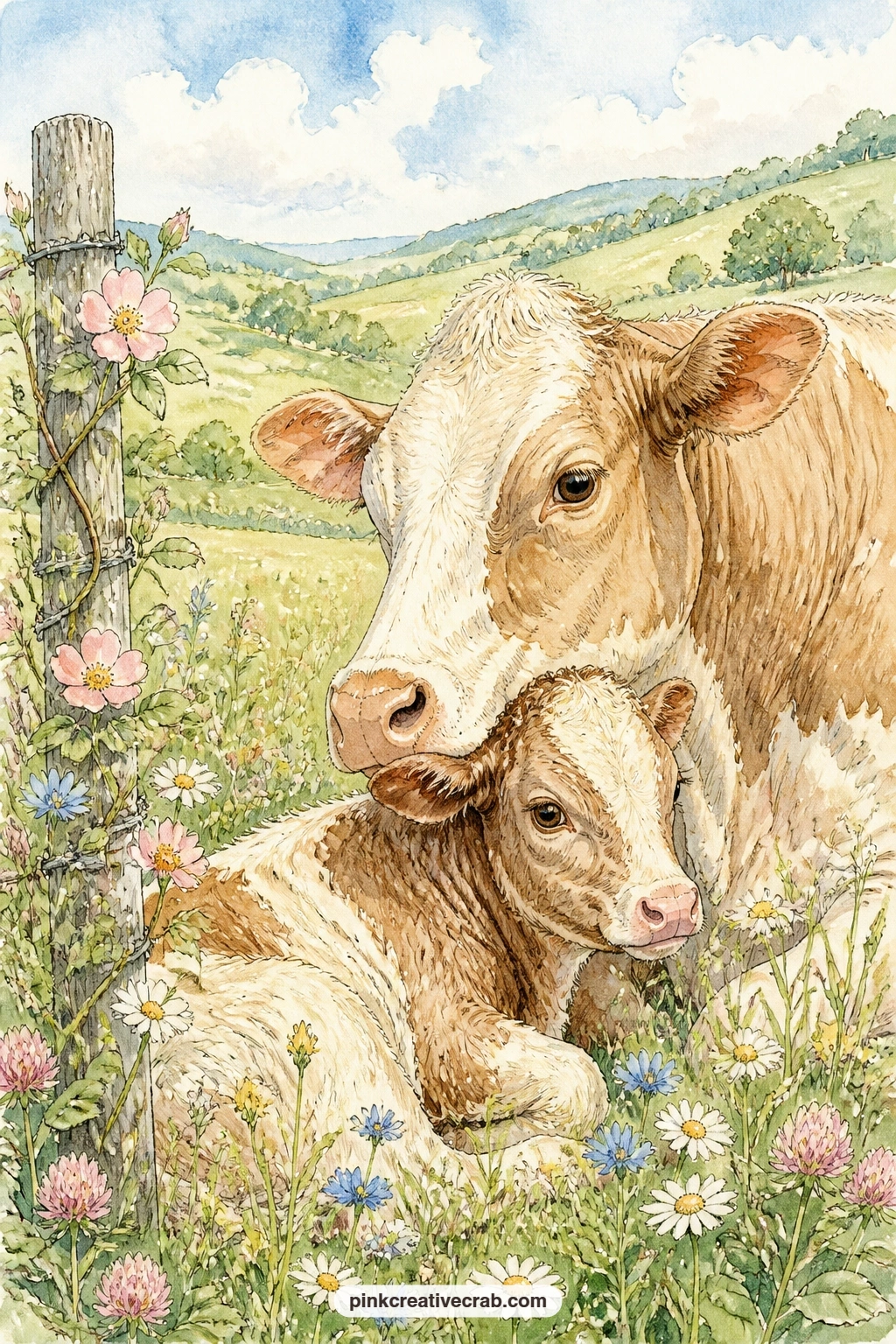 Newborn Calf With Its Mother printable page — Newborn calf and mother cow rest together in a sunny meadow, with wildflowers, a fence post and rolling green
