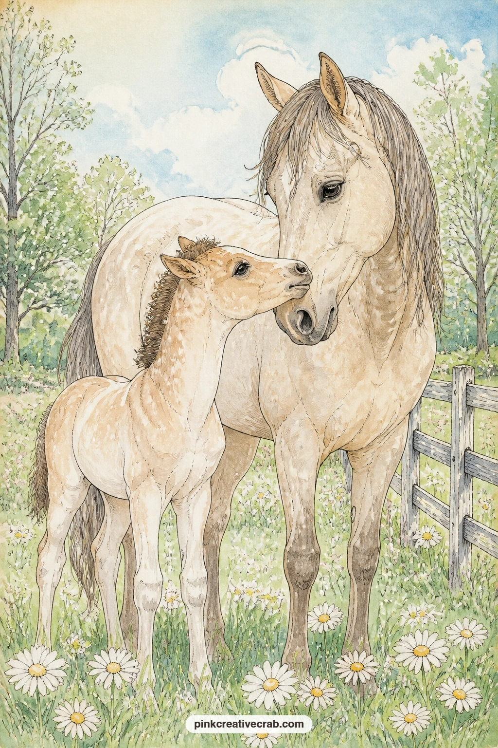 Foal Nuzzling A Mare printable page — This page suits a gift journal made for a grandmother who grew up on a farm, or anyone who still dreams of keeping a