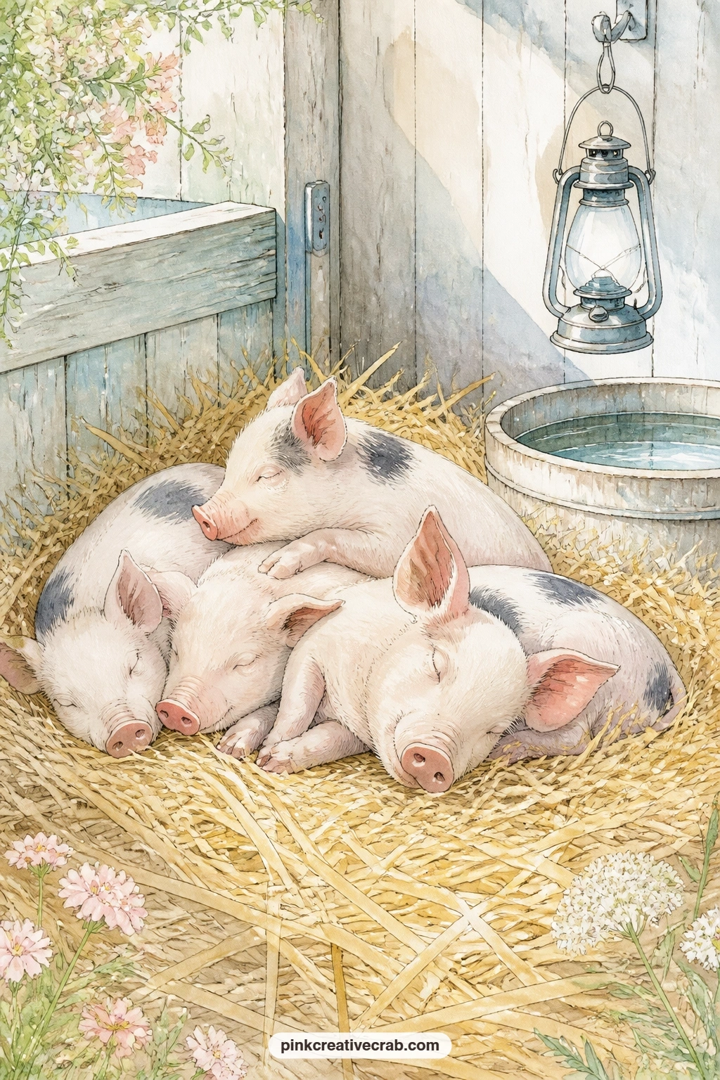 Piglets Napping In Straw printable page — Give the entry under this page a gentle question: which of these piglets would you have named first, and what would