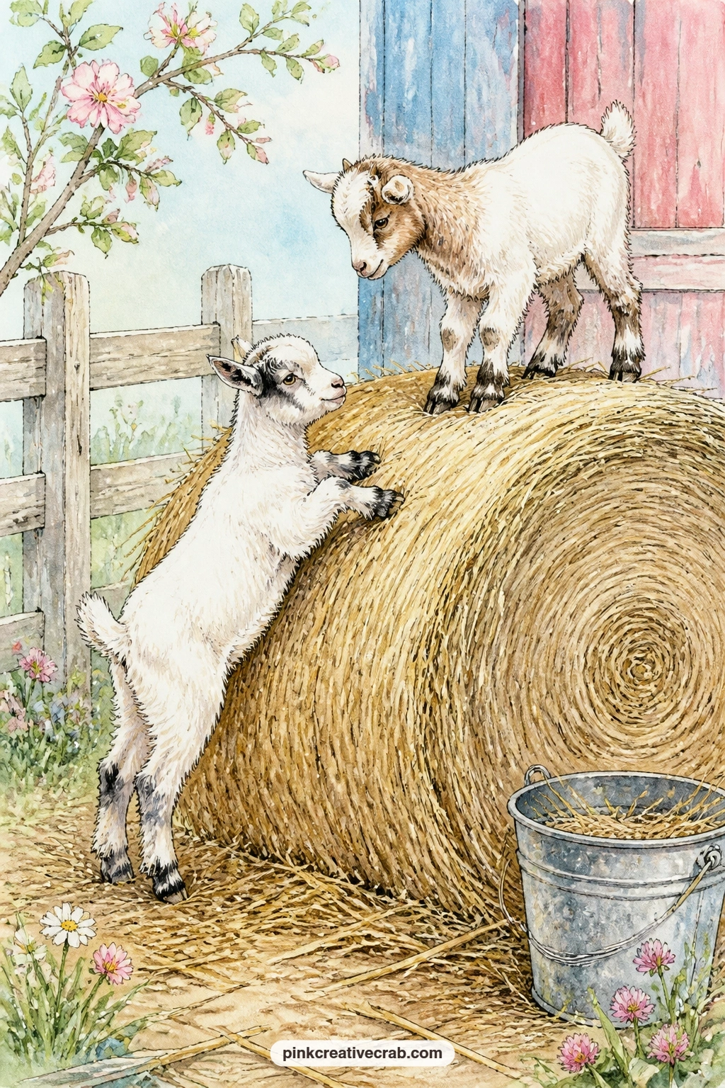 Goat Kids On A Hay Bale printable page — Two goat kids balance and climb across a round hay bale in the middle of a busy barnyard scene, with a fence, a feed