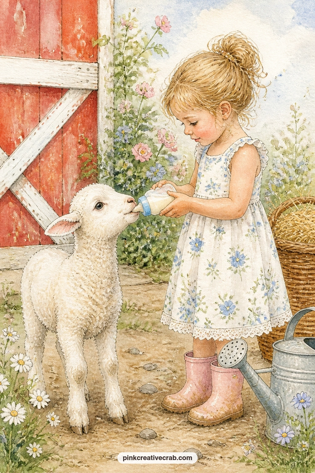 Bottle Feeding A Lamb printable page — A little girl crouches by a red barn door, bottle feeding a lamb while it leans eagerly toward her. Baby animals junk