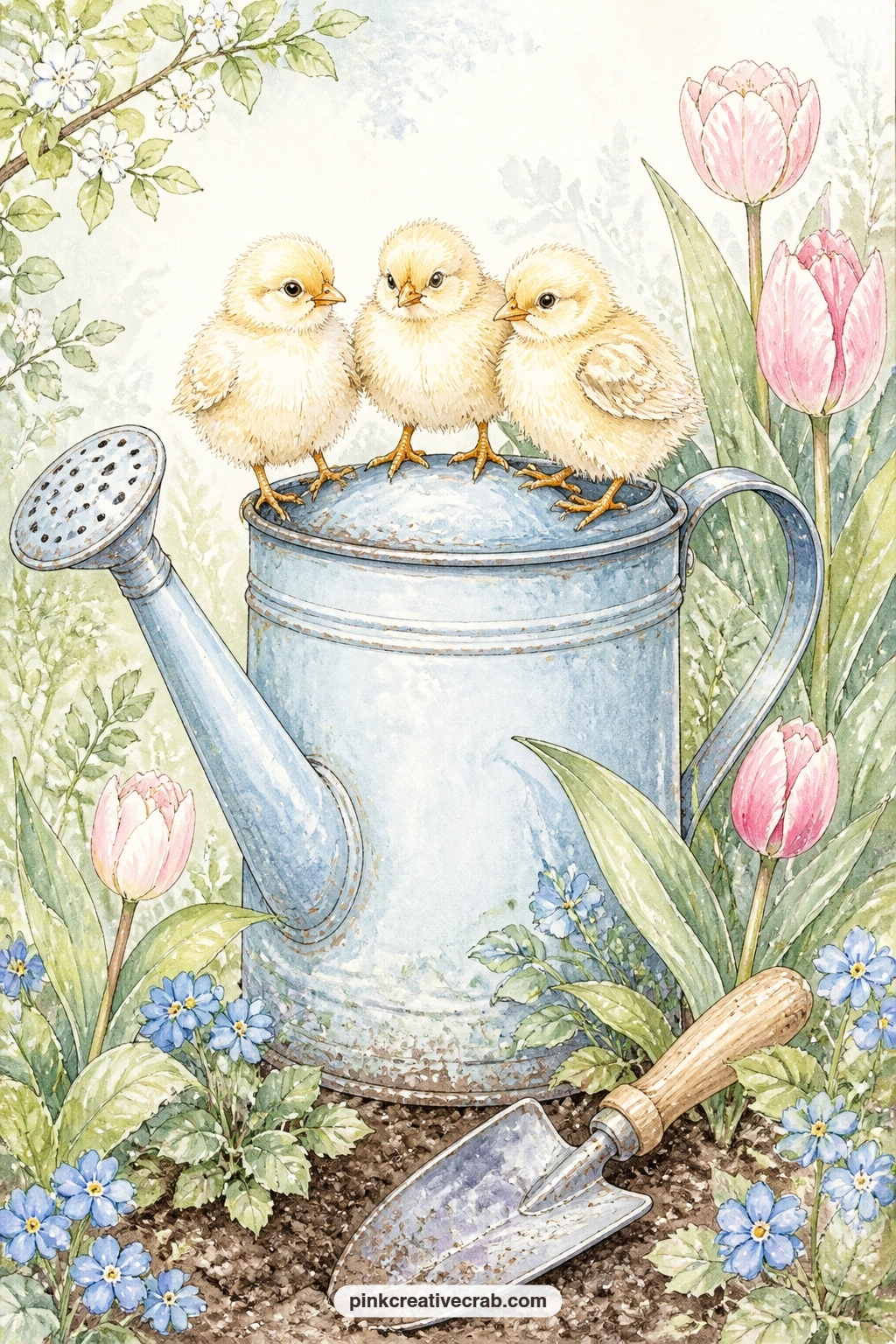 Chicks On A Watering Can printable page — The usual mistake with a busy page like this is cramming in too many flowers around the chicks; keep the garden