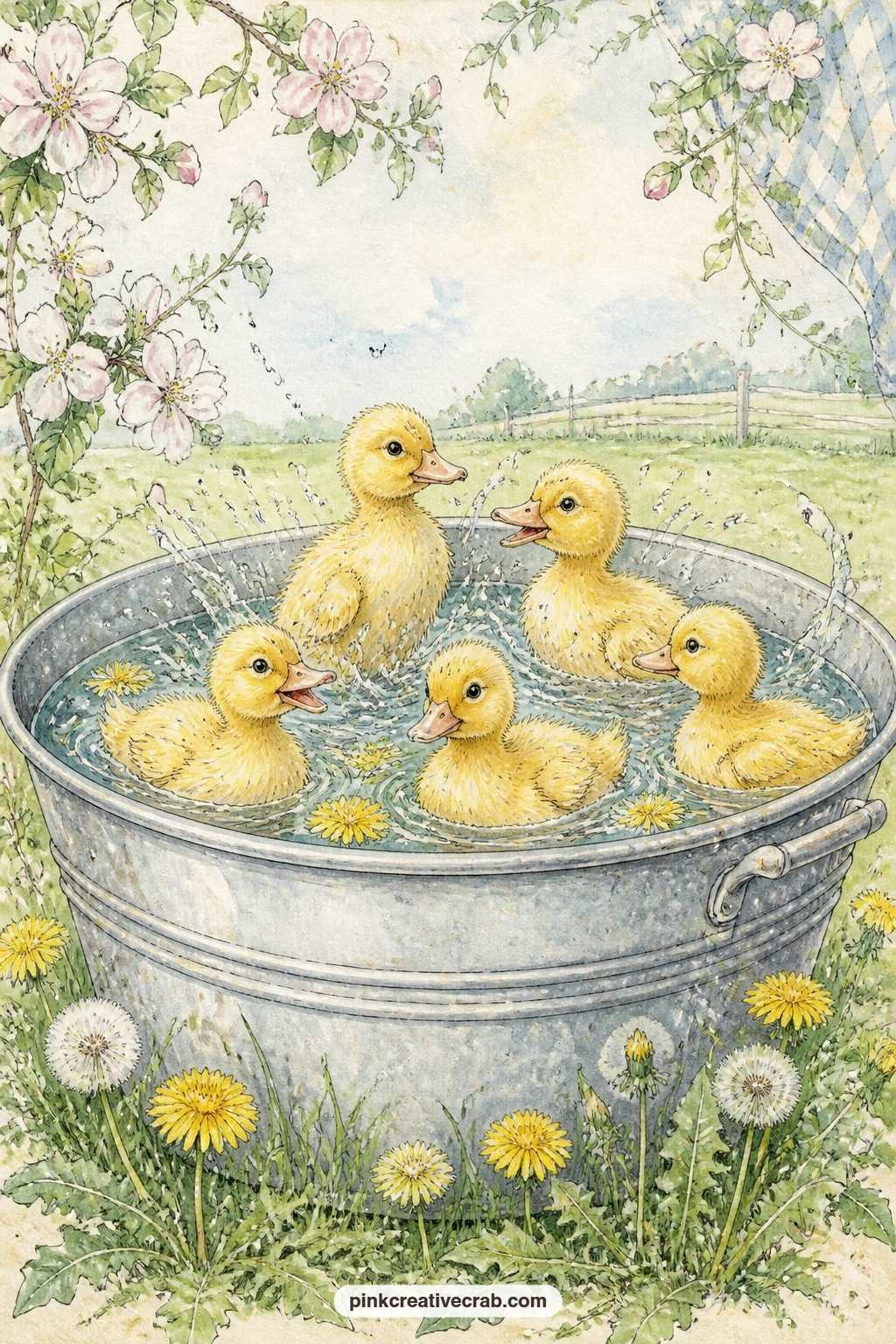 Ducklings In A Washtub printable page — Ducklings splash inside a galvanized washtub with a scatter of dandelions floating on the surface, set against a