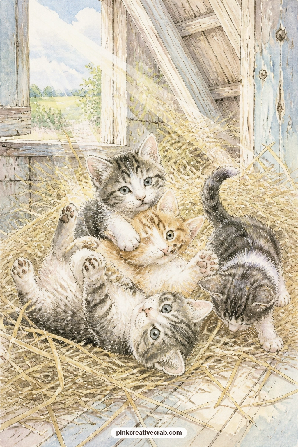 Kittens Tumbling In The Hayloft printable page — Try a small fold-out on this page: cut a flap into the loft's open window and tuck a tiny photo or sketch of