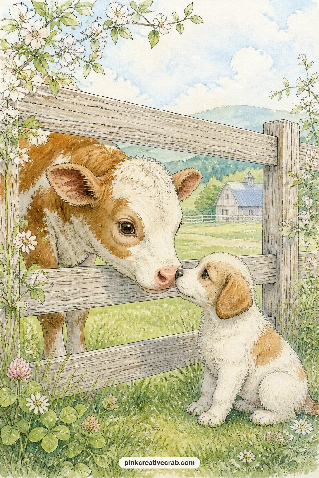 Calf And Puppy At The Fence printable page — A young calf and a farm puppy meet nose to nose through the rails of a wooden fence, with a stretch of green