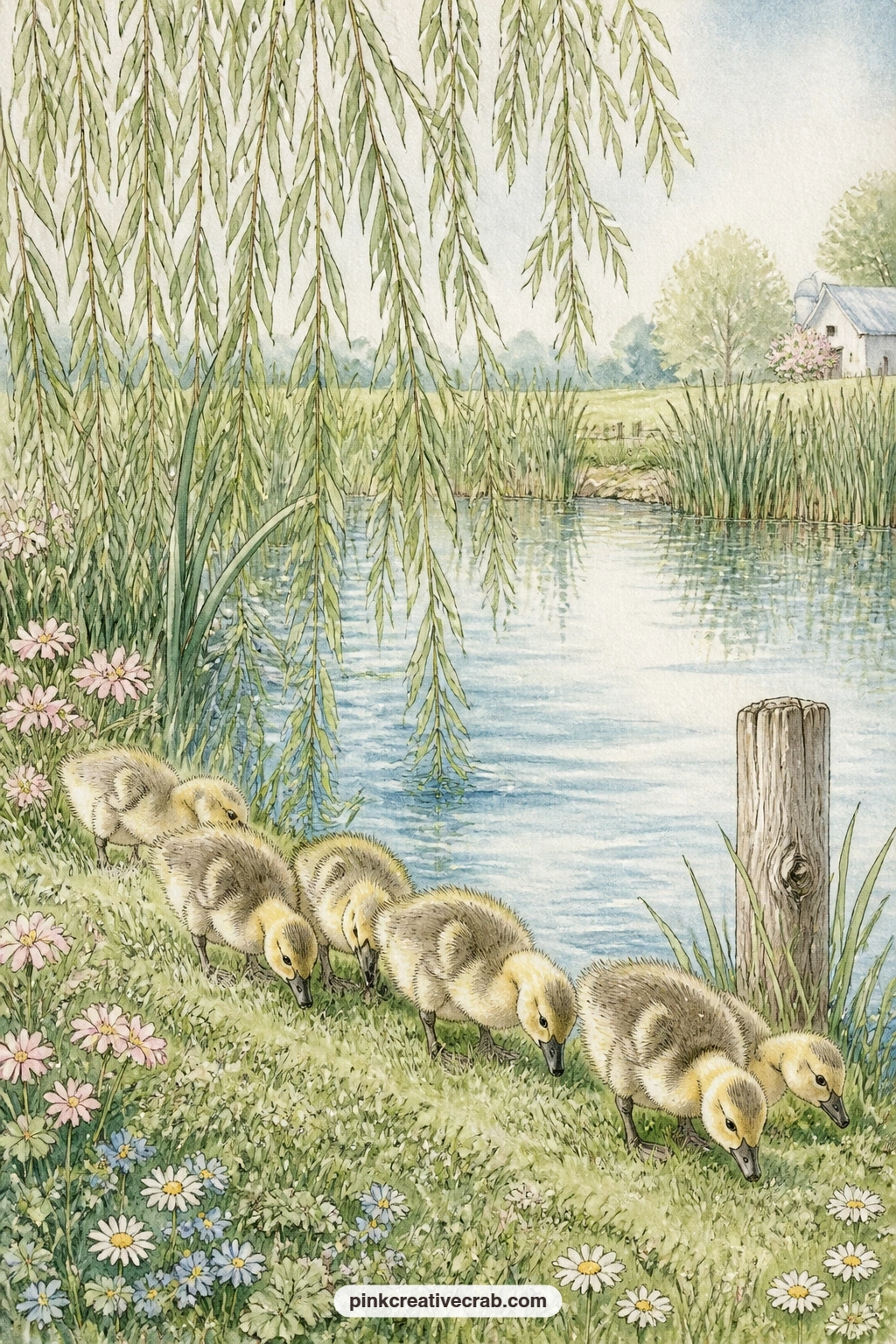 Goslings By The Willow Pond printable page — Grazing goslings move slowly along the bank of a farm pond, with willow branches trailing over the water and reeds
