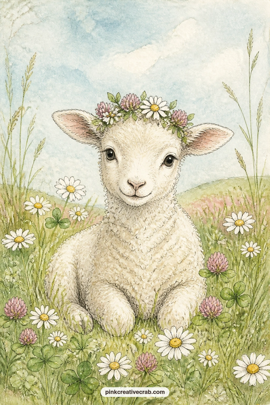 Lamb In A Flower Crown printable page — Keep this page open for a five minute entry: just the date and one line about something small and good from the day