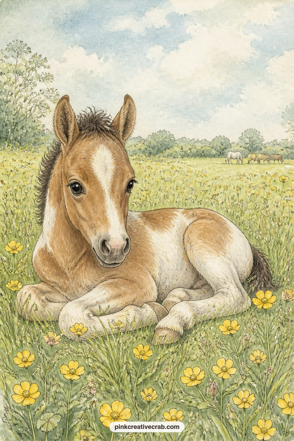 Foal In The Buttercups printable page — A foal lies curled in tall grass dotted with buttercups, resting in a quiet stretch of pasture under a soft afternoon