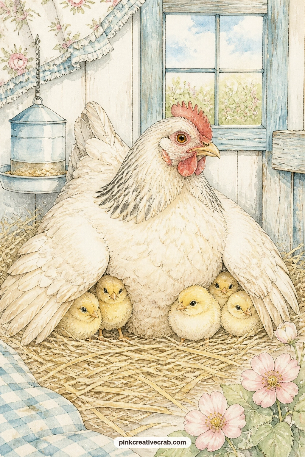 Hen With Chicks In The Coop printable page — Several small chicks peek out from under a hen's wings inside a wooden coop, with straw bedding, a hanging feeder