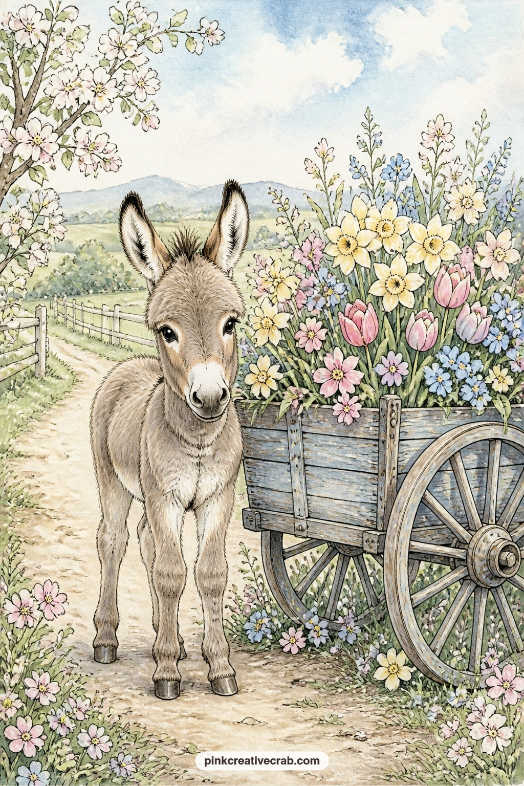 Donkey Foal And Flower Cart printable page — Place this page beside the foals and horseshoes background further on in the set, matching one of its soft blush