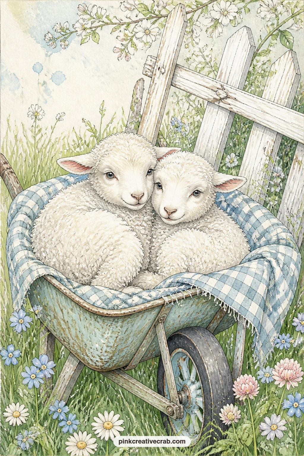 Twin Lambs In A Wheelbarrow printable page — Twin lambs curl together inside an old wheelbarrow lined with a gingham blanket, parked in a patch of spring grass